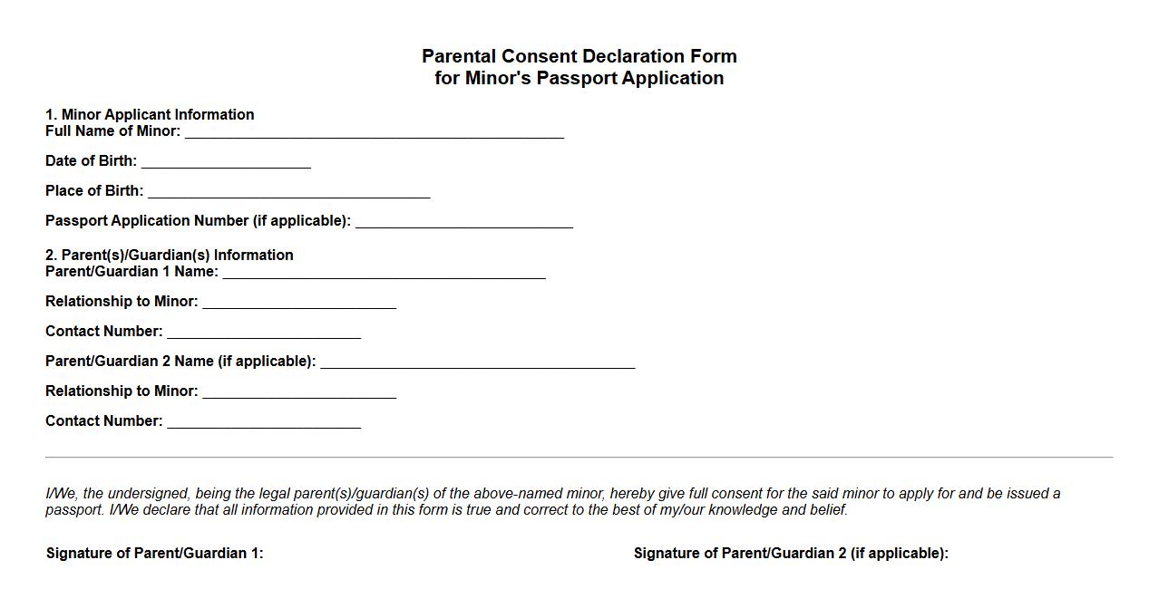 Parental Consent Declaration Form sample for passport application image preview
