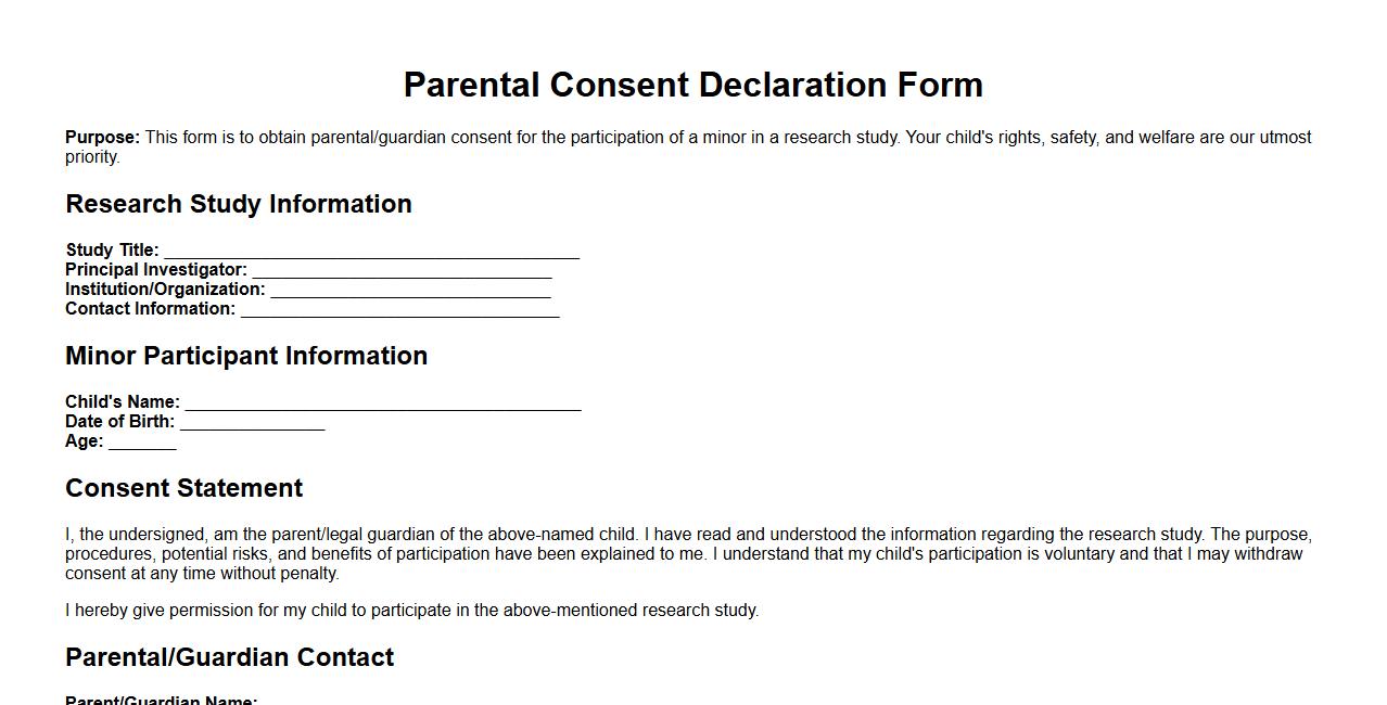 Parental Consent Declaration Form sample for research studies image preview