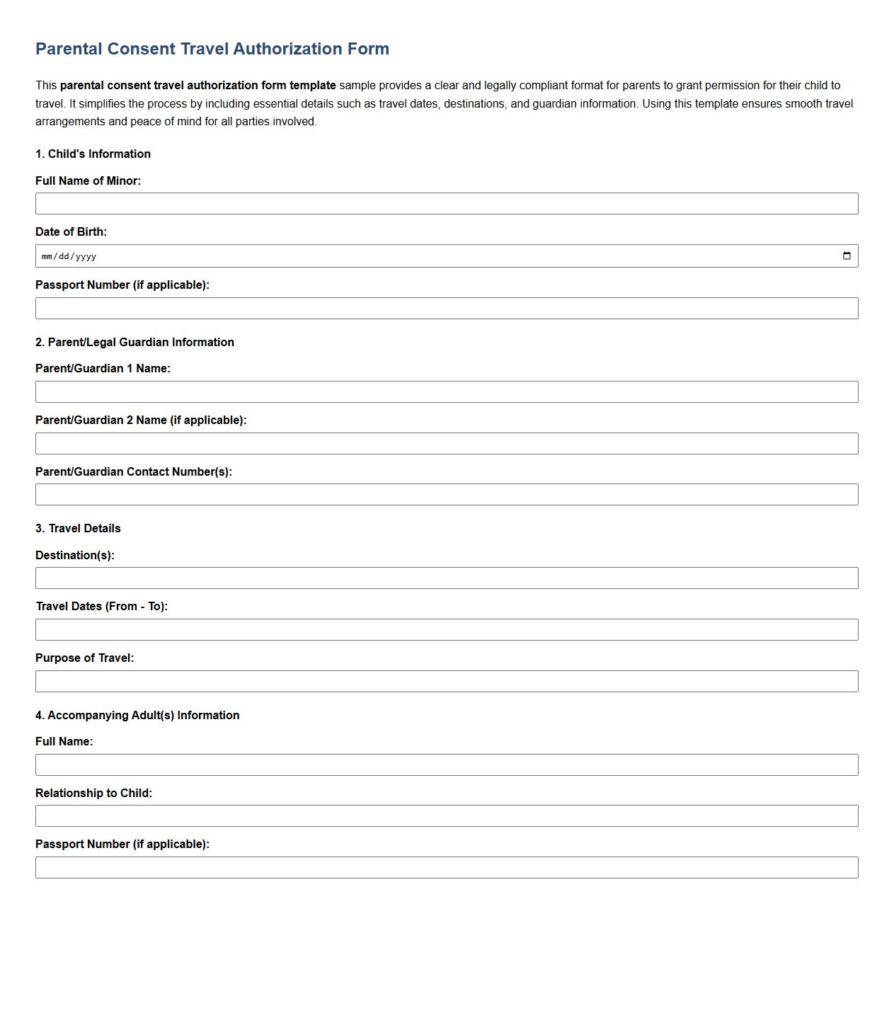 parental consent travel authorization form template sample image preview