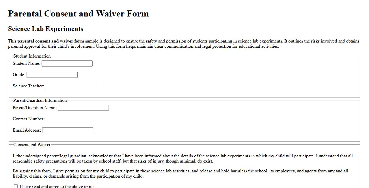 Parental consent and waiver form sample for science lab experiments image preview