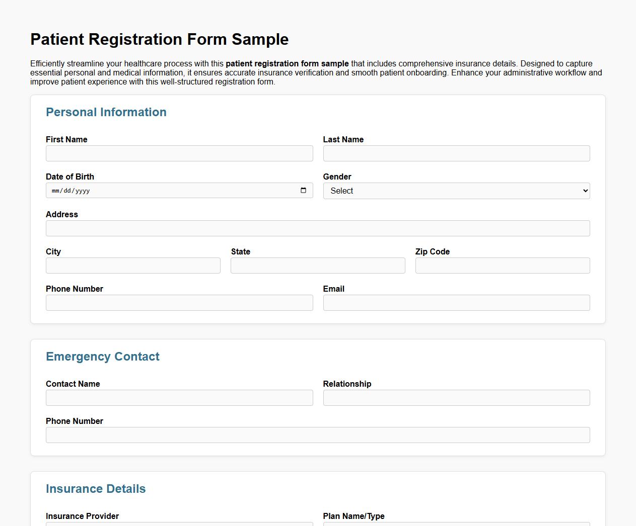 patient registration form sample with insurance details image preview