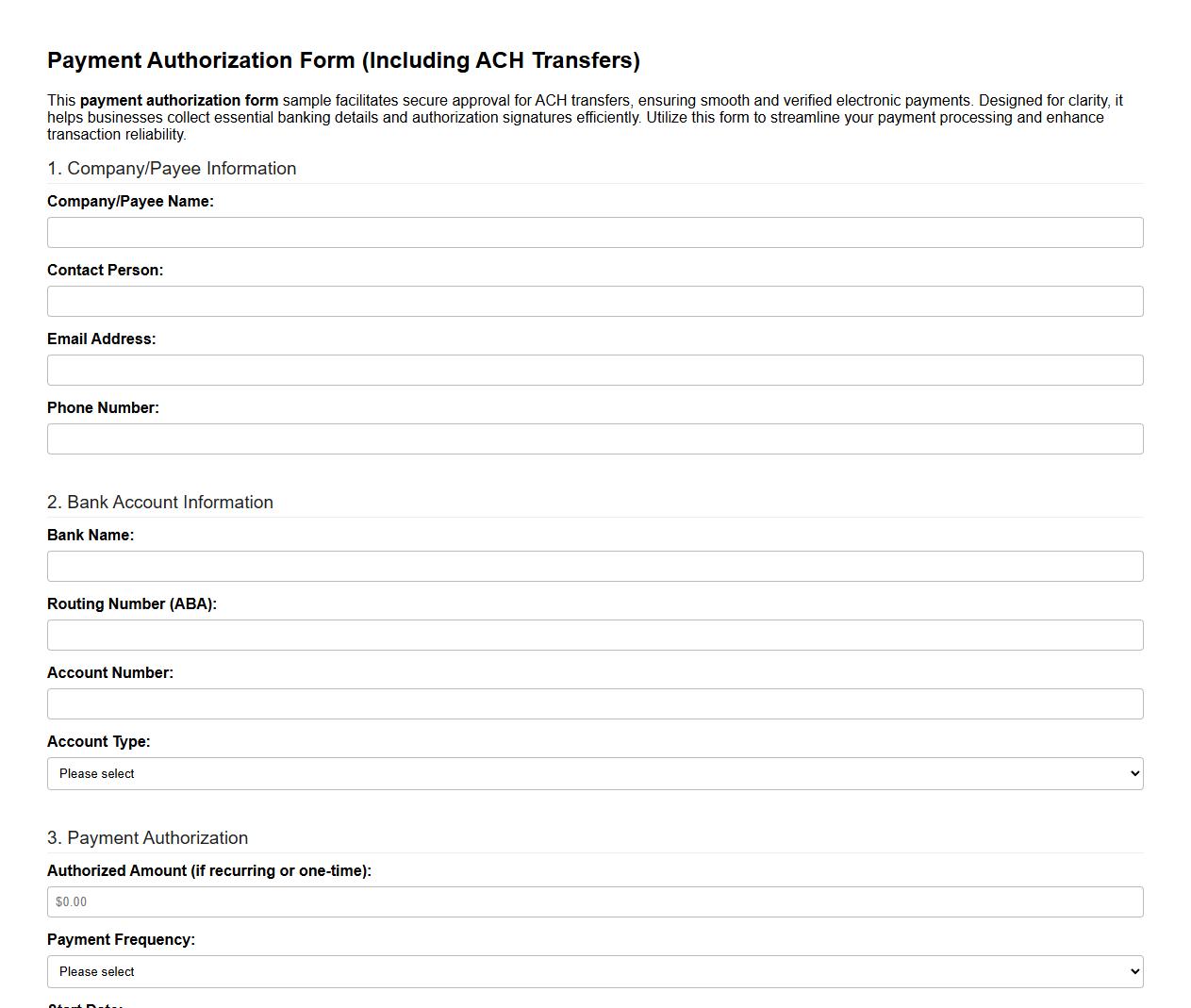 Payment authorization form sample including ACH transfers image preview