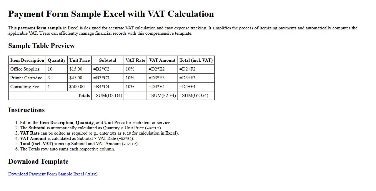 Payment form sample excel with VAT calculation image preview