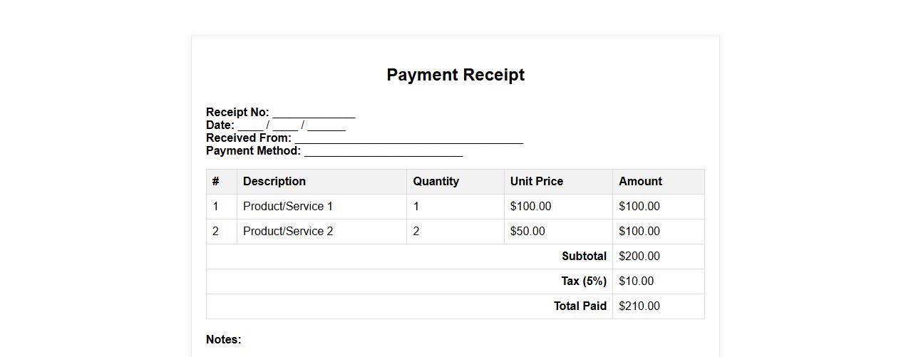 payment receipt form sample with itemized details image preview