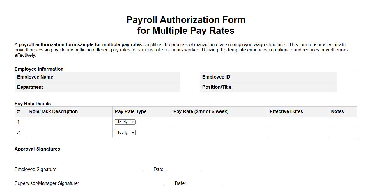 payroll authorization form sample for multiple pay rates image preview