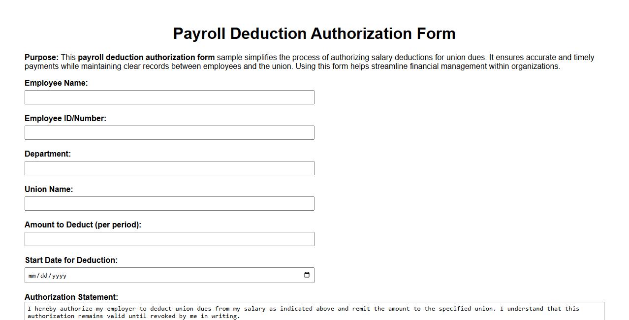 Payroll deduction authorization form sample for union dues image preview