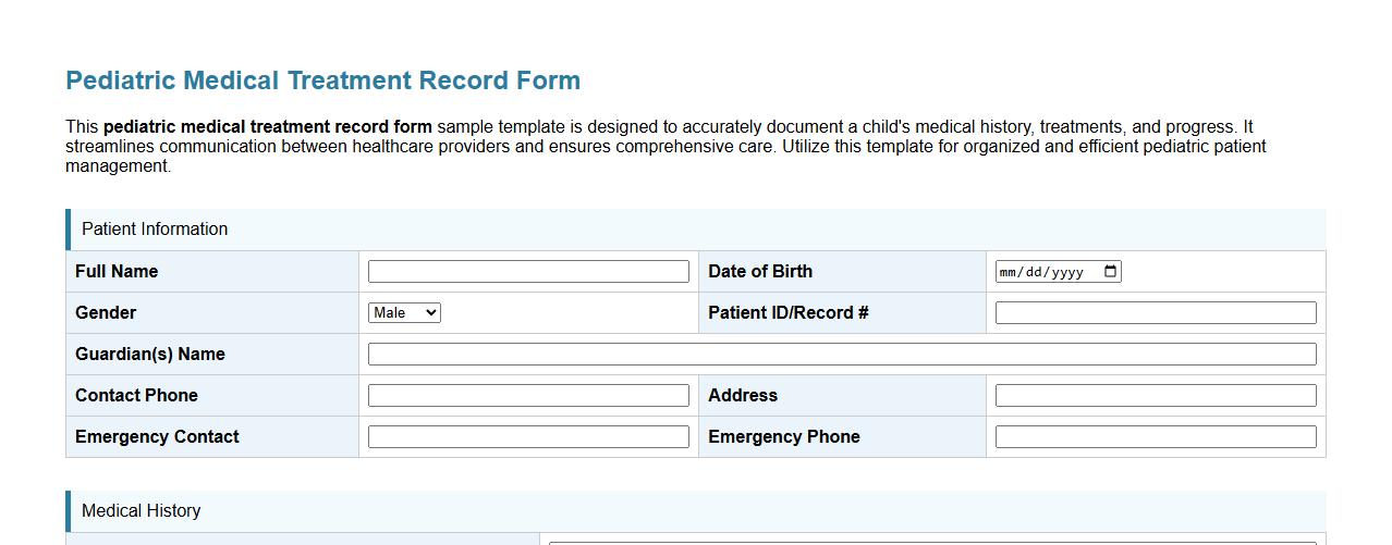 Pediatric medical treatment record form sample template image preview