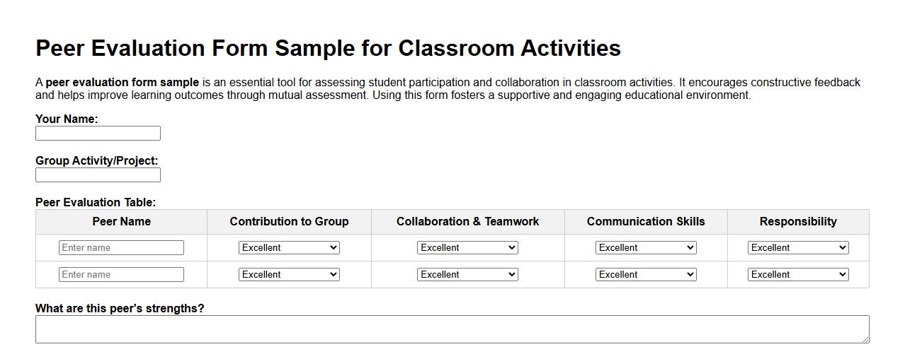 Peer evaluation form sample for classroom activities image preview