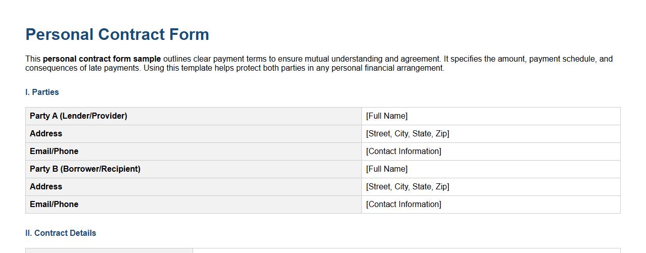 Personal contract form sample including payment terms image preview