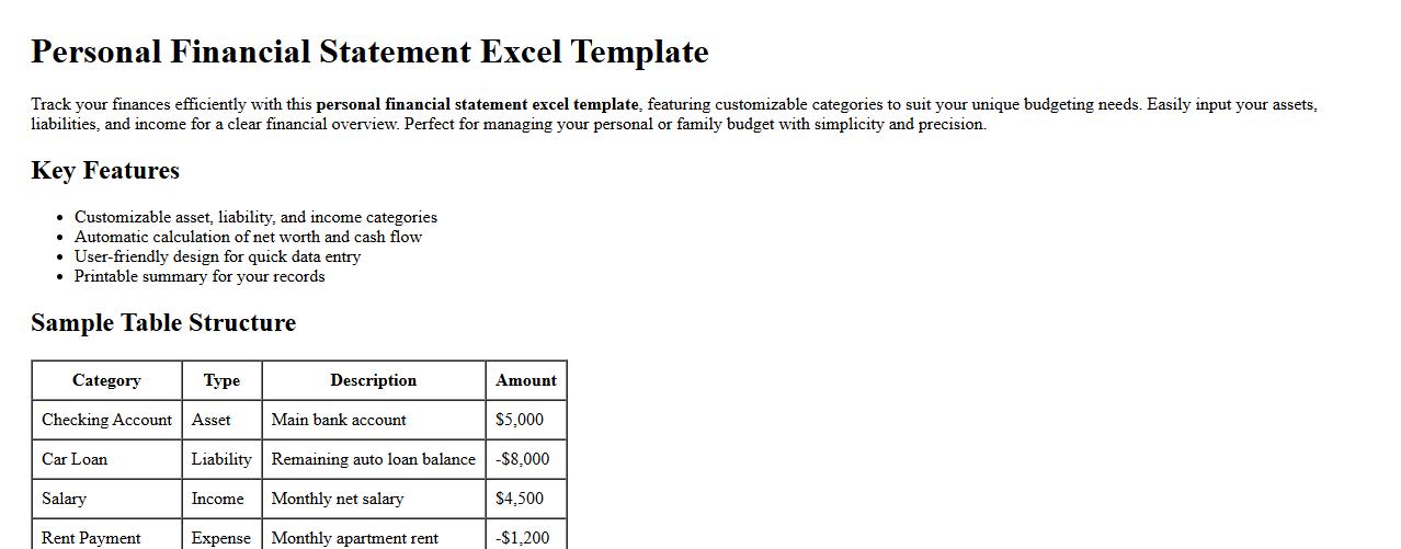 Personal financial statement excel template with customizable categories image preview