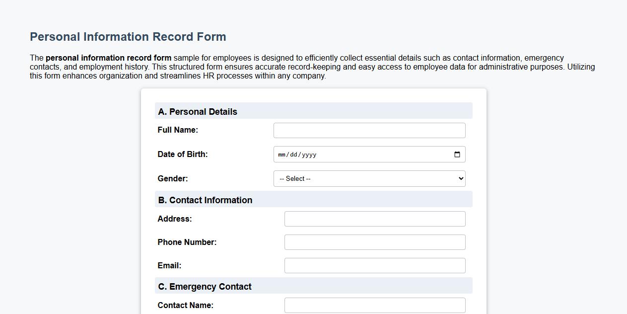 personal information record form sample for employees image preview