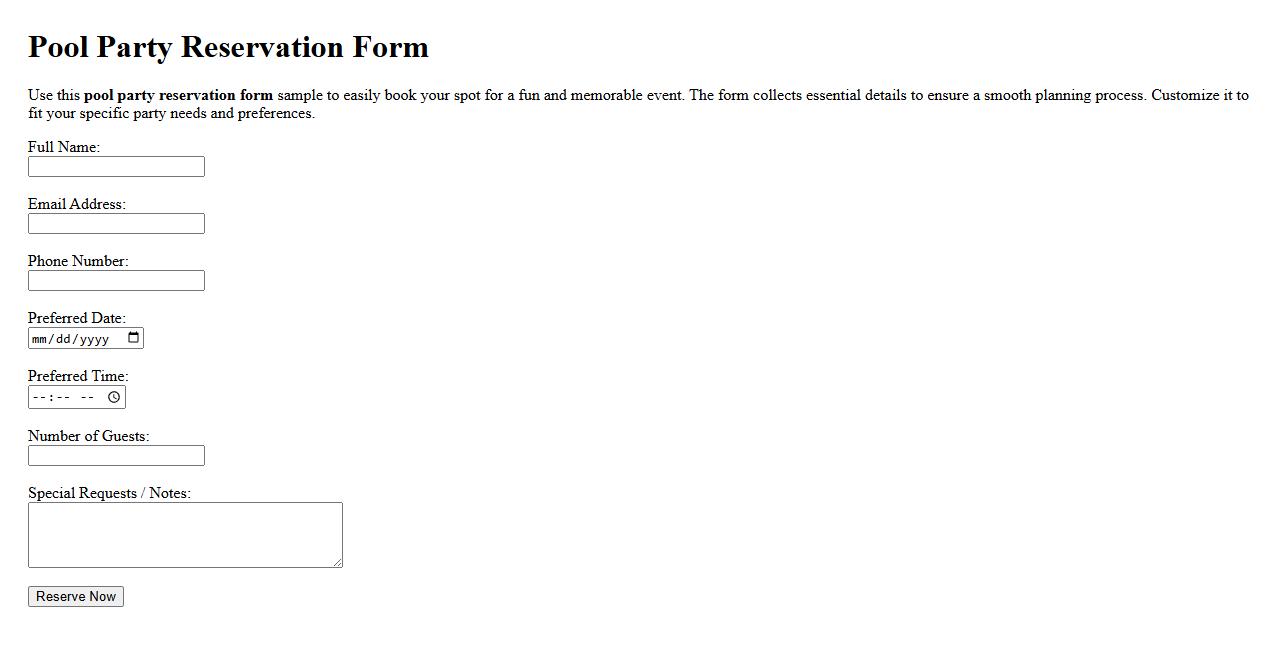 Pool party reservation form sample image preview