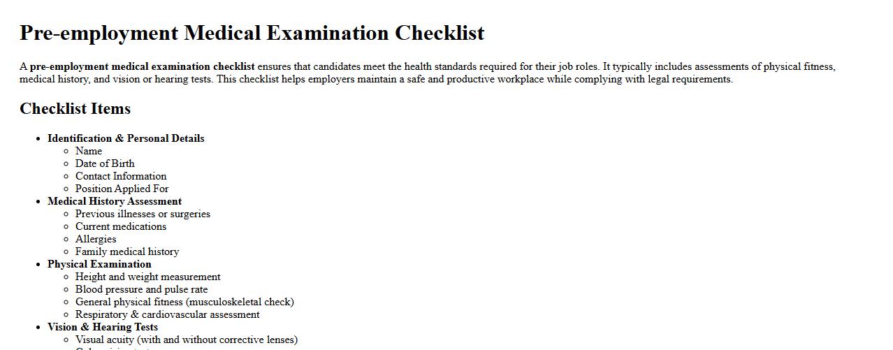 Pre-employment medical examination checklist image preview
