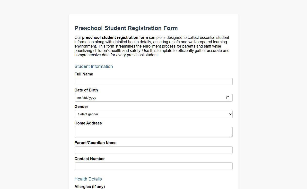 Preschool student registration form sample with health details image preview
