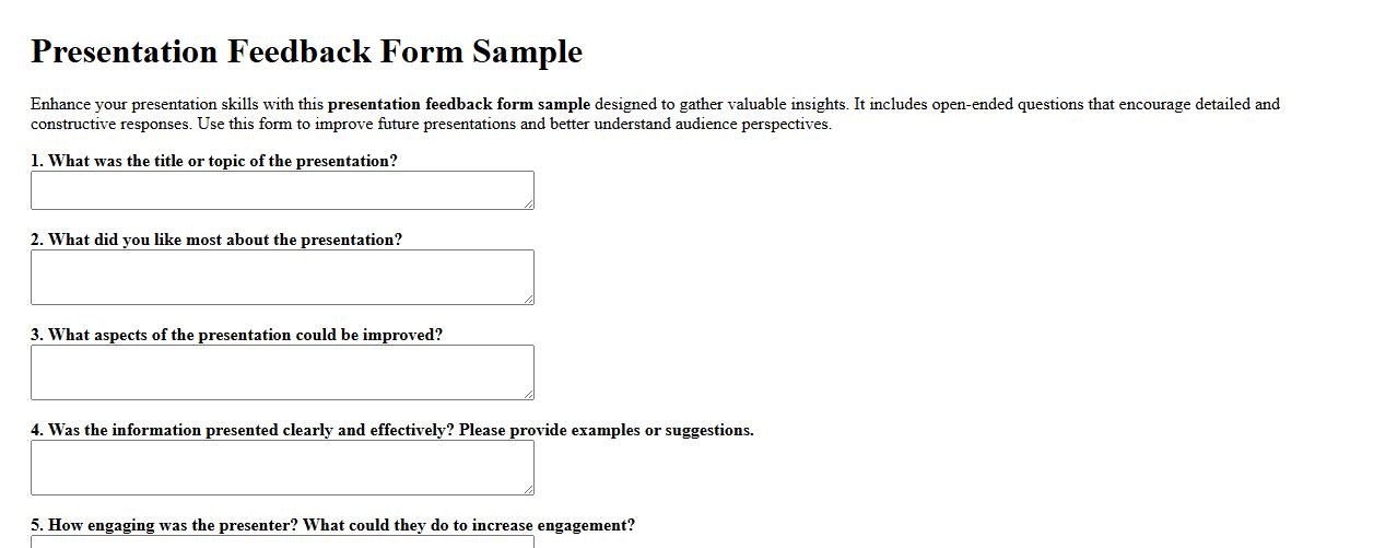 Presentation feedback form sample with open-ended questions image preview