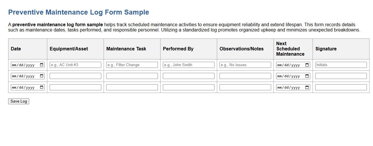 preventive maintenance log form sample image preview