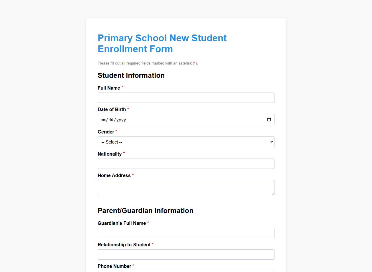 Primary school new student enrollment form example image preview