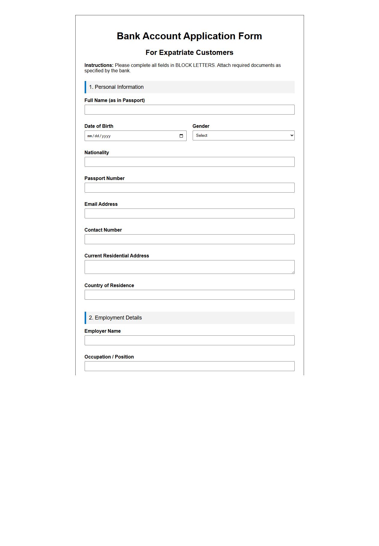 printable bank account application form sample for expats image preview
