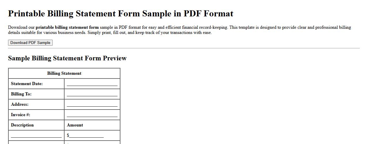 Printable billing statement form sample in PDF format image preview
