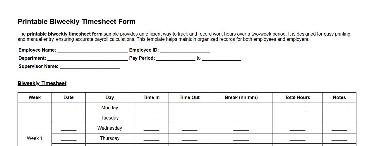 printable biweekly timesheet form sample image preview