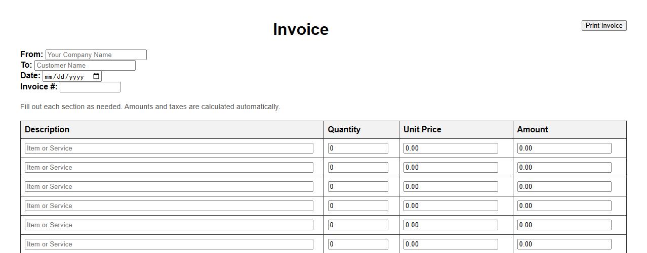 Printable blank invoice form sample with tax calculation image preview