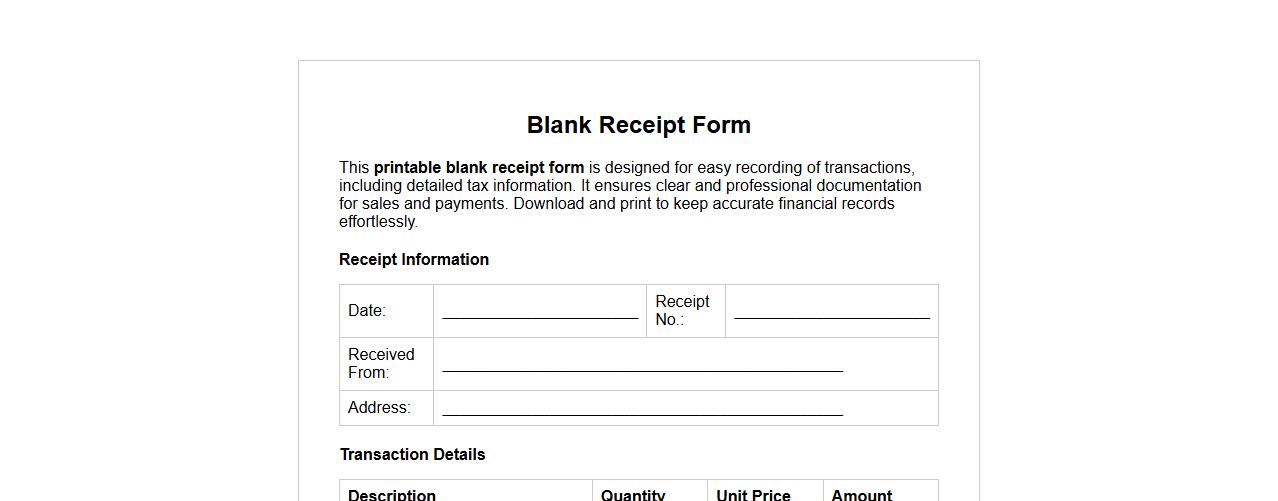 Printable blank receipt form with tax image preview