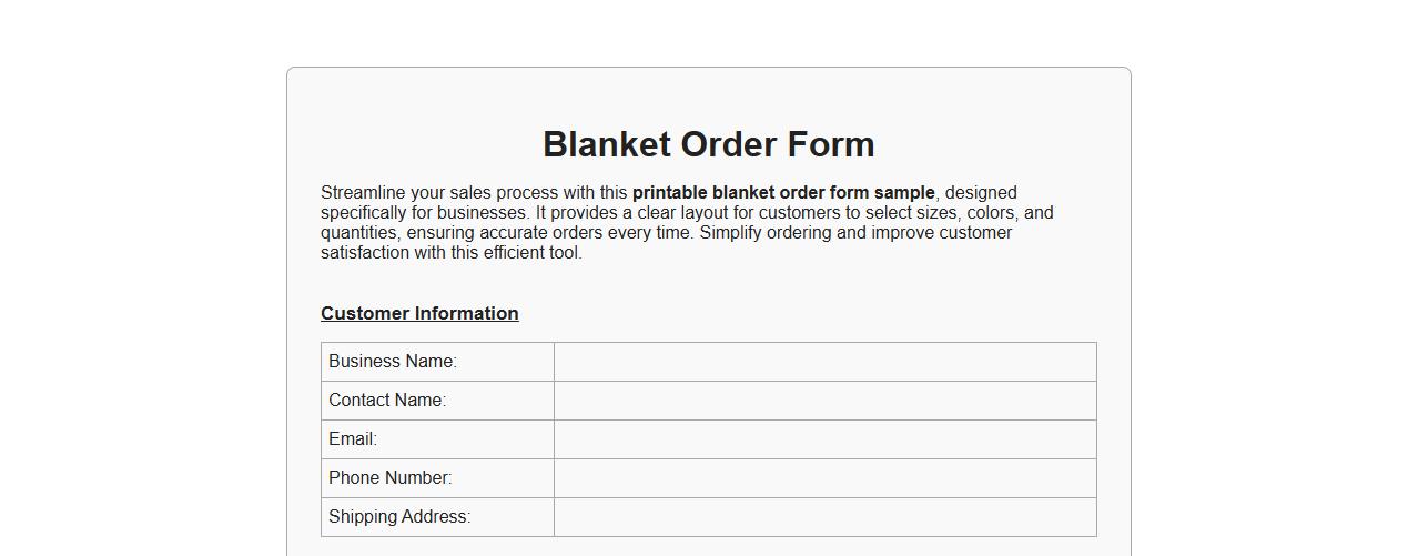 printable blanket order form sample for businesses image preview