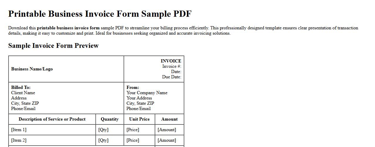 Printable business invoice form sample PDF image preview