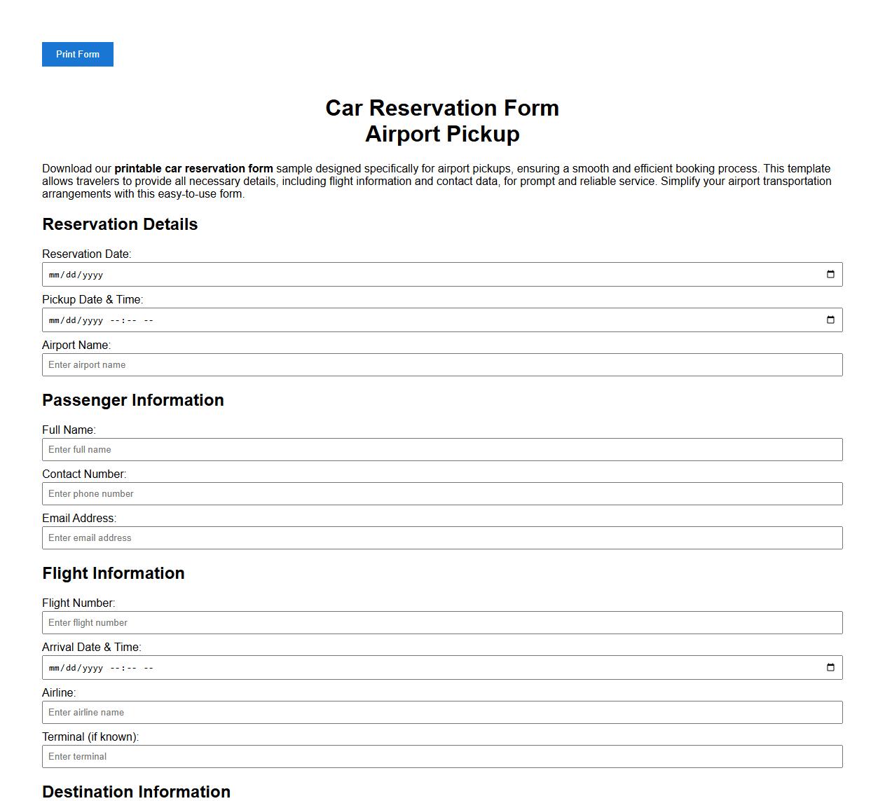 printable car reservation form sample for airport pickup image preview