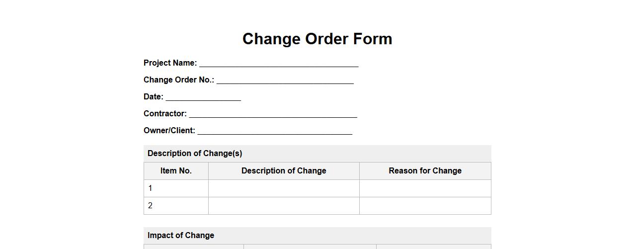 printable change order form sample image preview