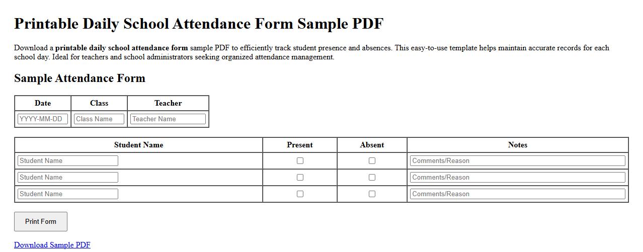 Printable daily school attendance form sample PDF image preview