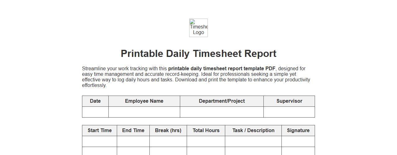 printable daily timesheet report template pdf image preview
