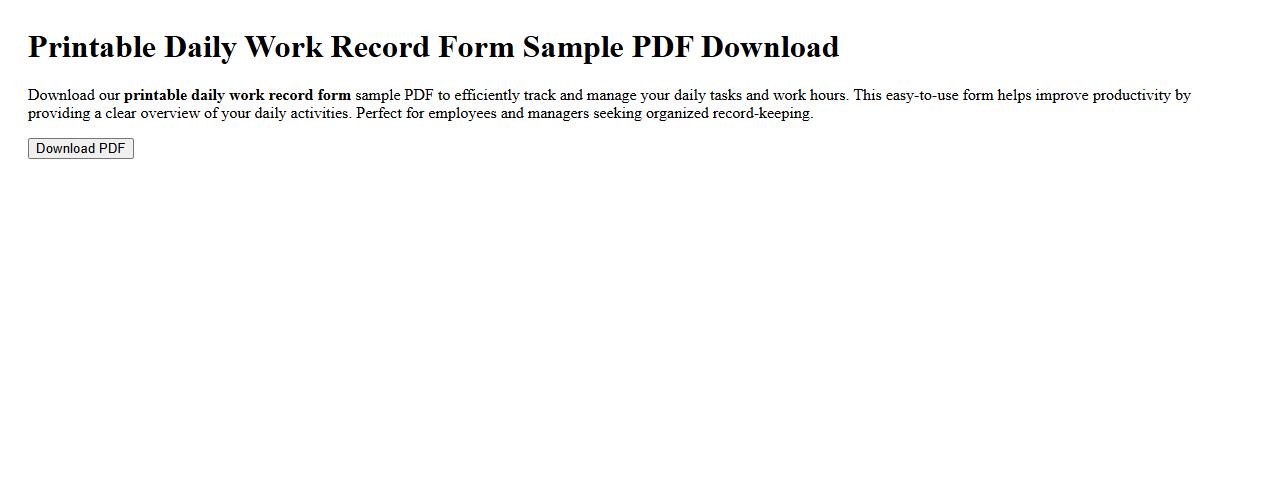 Printable daily work record form sample PDF download image preview