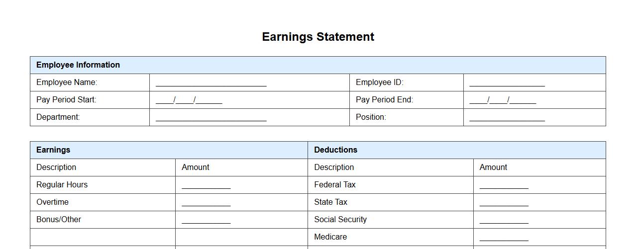 printable earnings statement form sample with deductions image preview