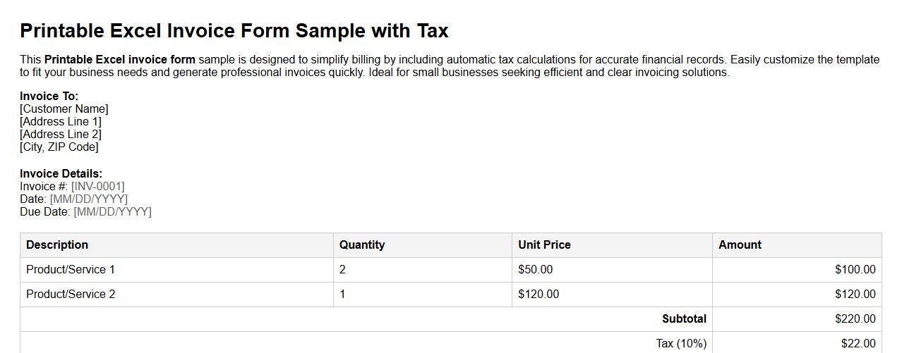 Printable Excel invoice form sample with tax image preview