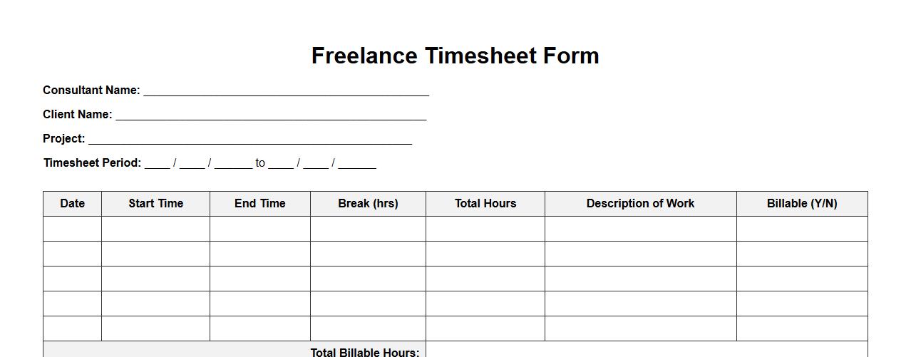 Printable freelance timesheet form sample for consultants image preview