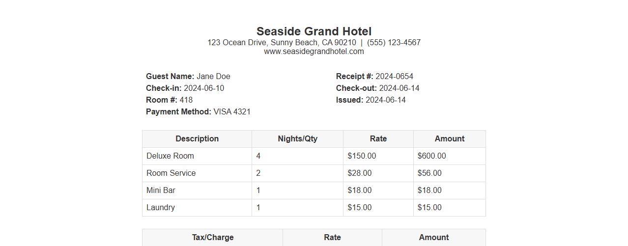 printable hotel receipt with tax breakdown image preview