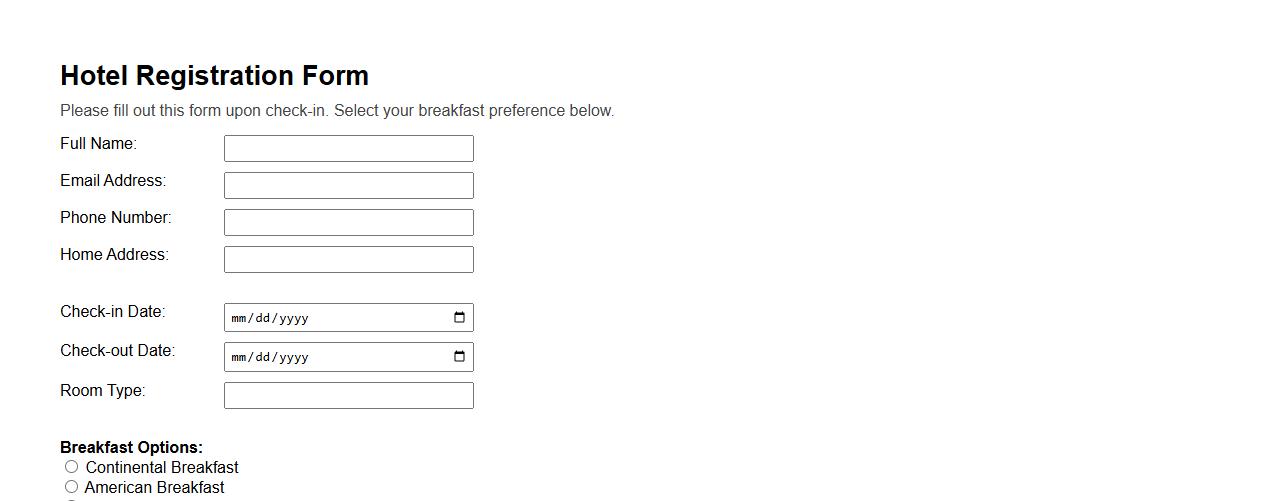 Printable hotel registration form sample with breakfast options image preview