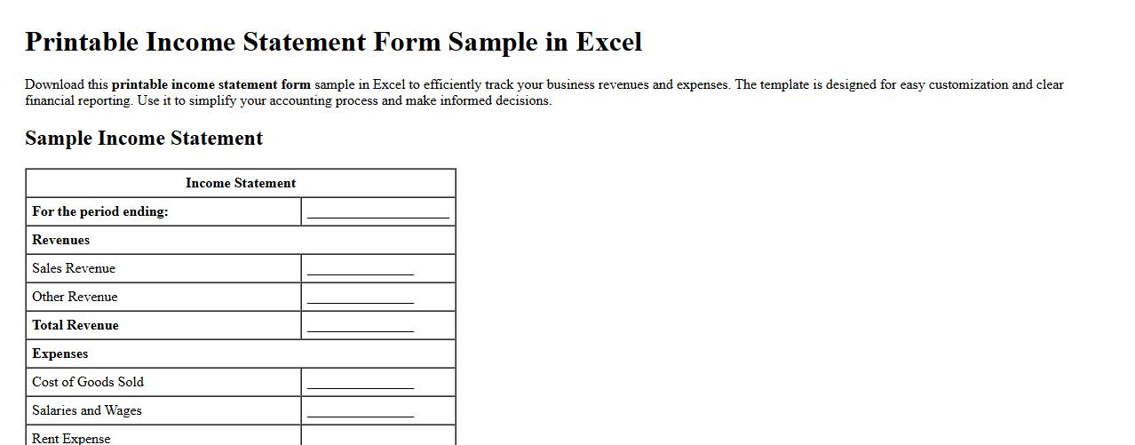 Printable income statement form sample in Excel image preview