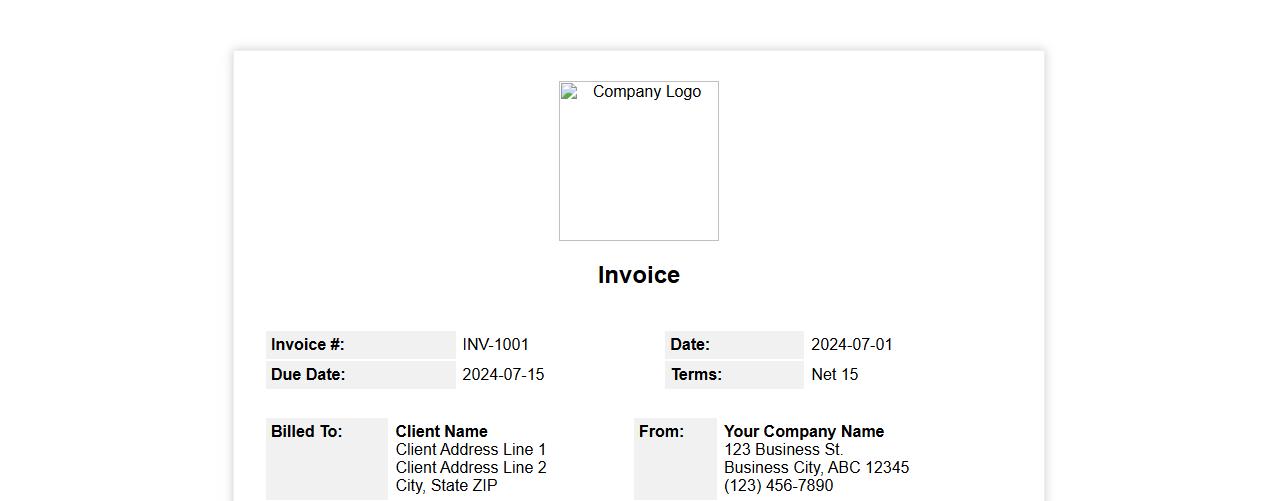 Printable invoice form sample with company logo image preview