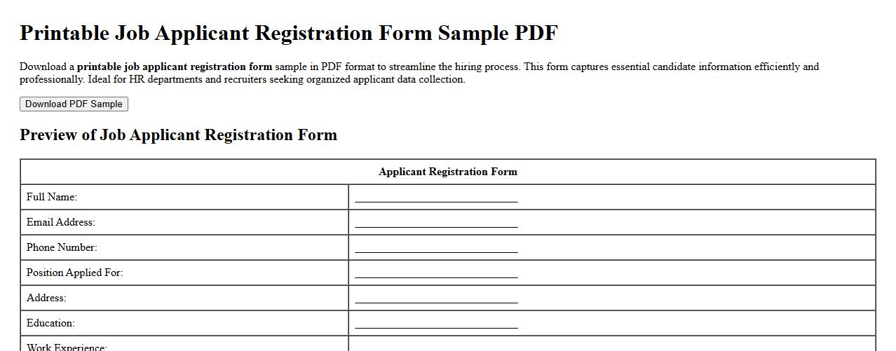 Printable job applicant registration form sample PDF image preview