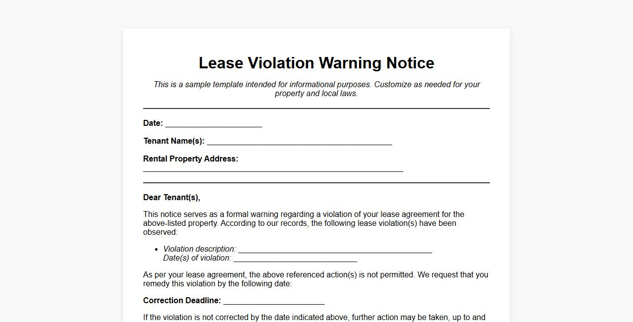 printable lease violation warning notice sample image preview