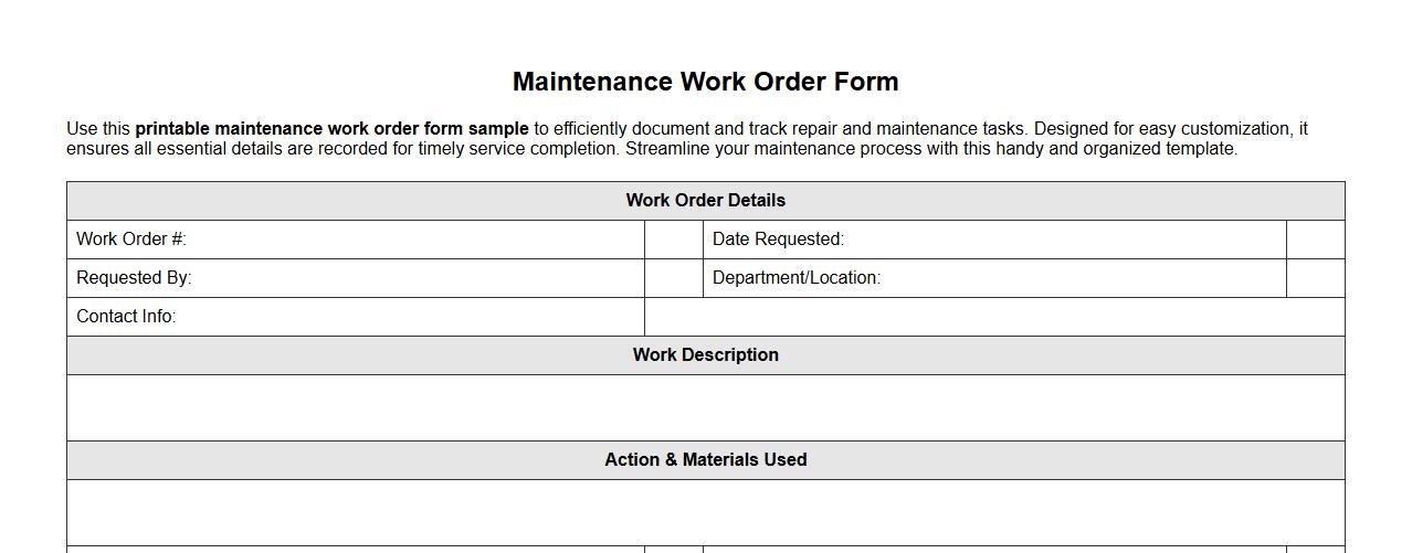 printable maintenance work order form sample image preview