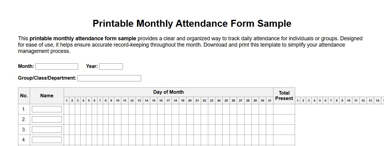 Printable Monthly Attendance Form Sample image preview