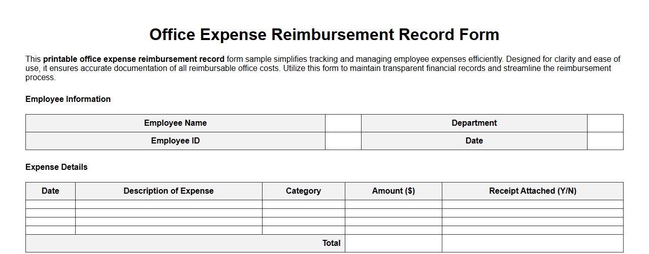 printable office expense reimbursement record form sample image preview