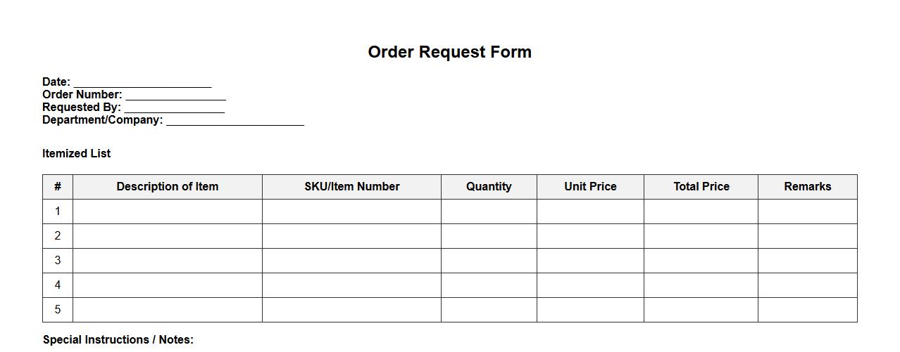 printable order request form sample with itemized list image preview