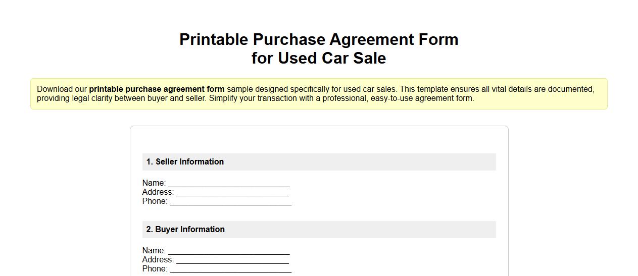 Printable purchase agreement form sample for used car sale image preview