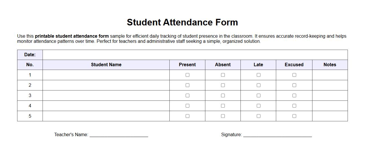 Printable student attendance form sample for daily tracking image preview