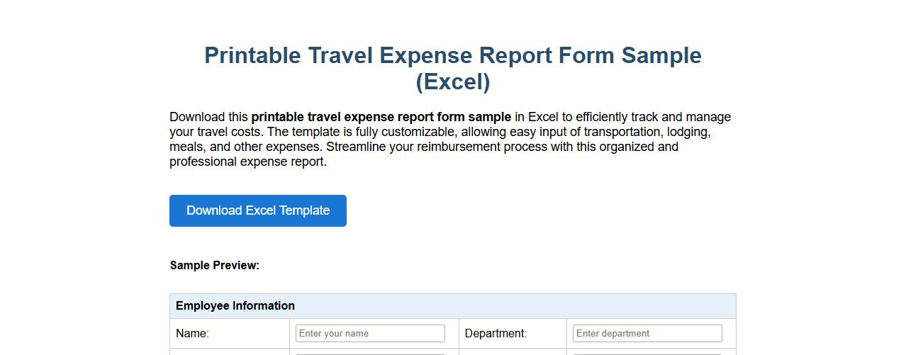 printable travel expense report form sample in excel image preview