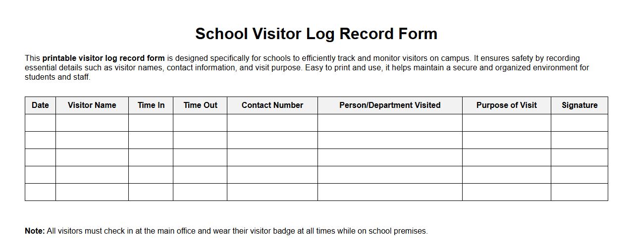 printable visitor log record form sample for schools image preview